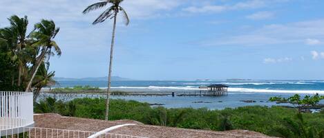 An infinity pool with two chairs and a table, surrounded by palm trees and a view of the ocean.