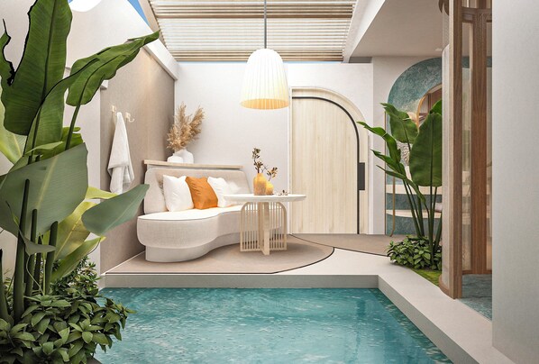 Deluxe tweepersoonskamer, balkon, uitzicht op tuin (Casita with Pool) | Woonruimte