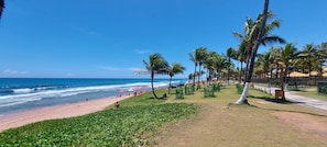 A beach with palm trees, a sandy shore, and umbrellas.