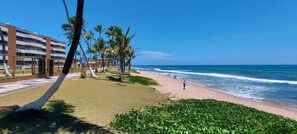 A beachfront hotel with a pool, palm trees, and ocean views.