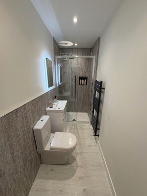 Shower, towels, soap, toilet paper