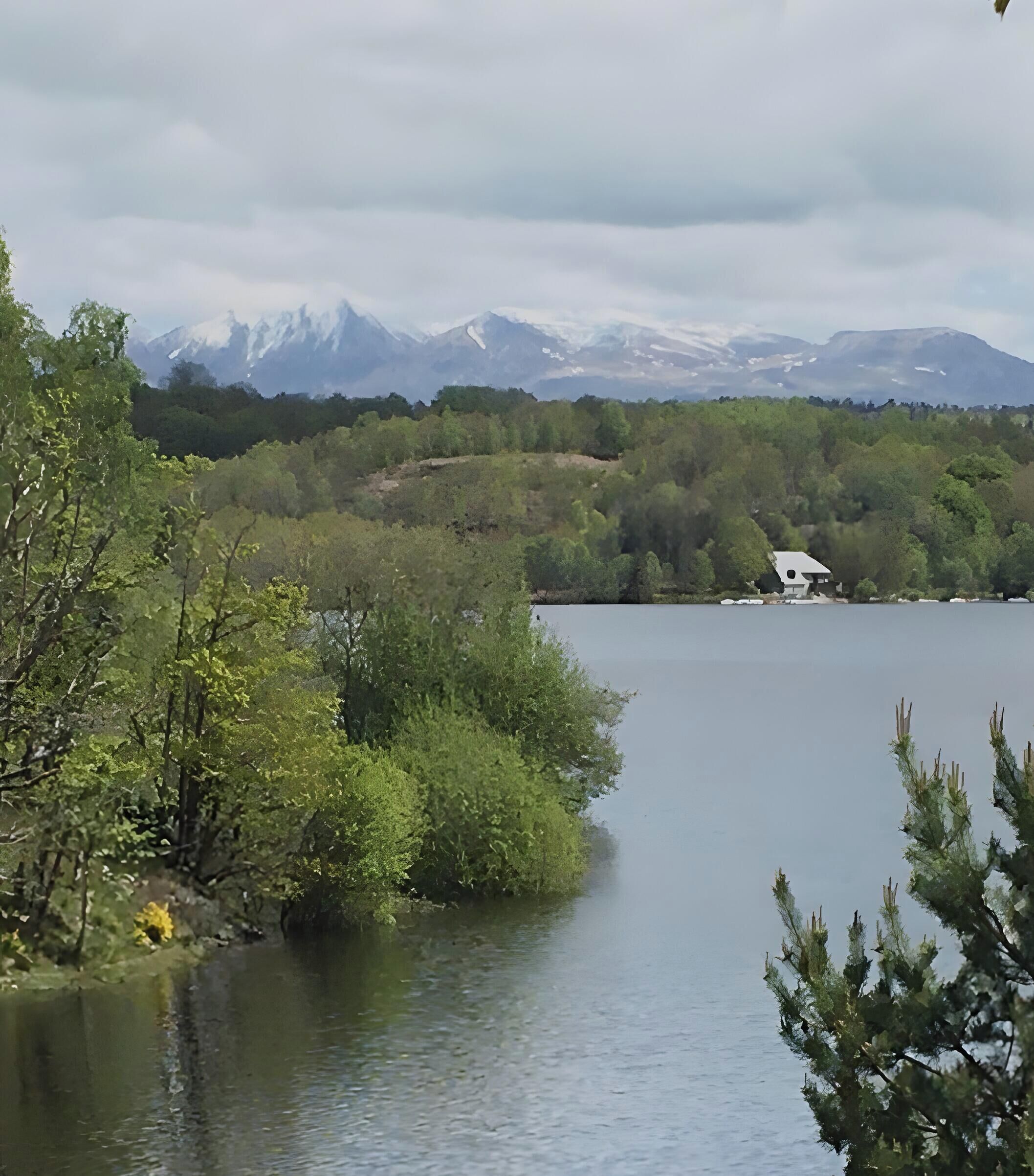 A lake with a house on the shore, surrounded by trees and mountains in the background.