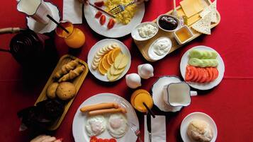 A table with various food items including eggs, cheese, and vegetables.