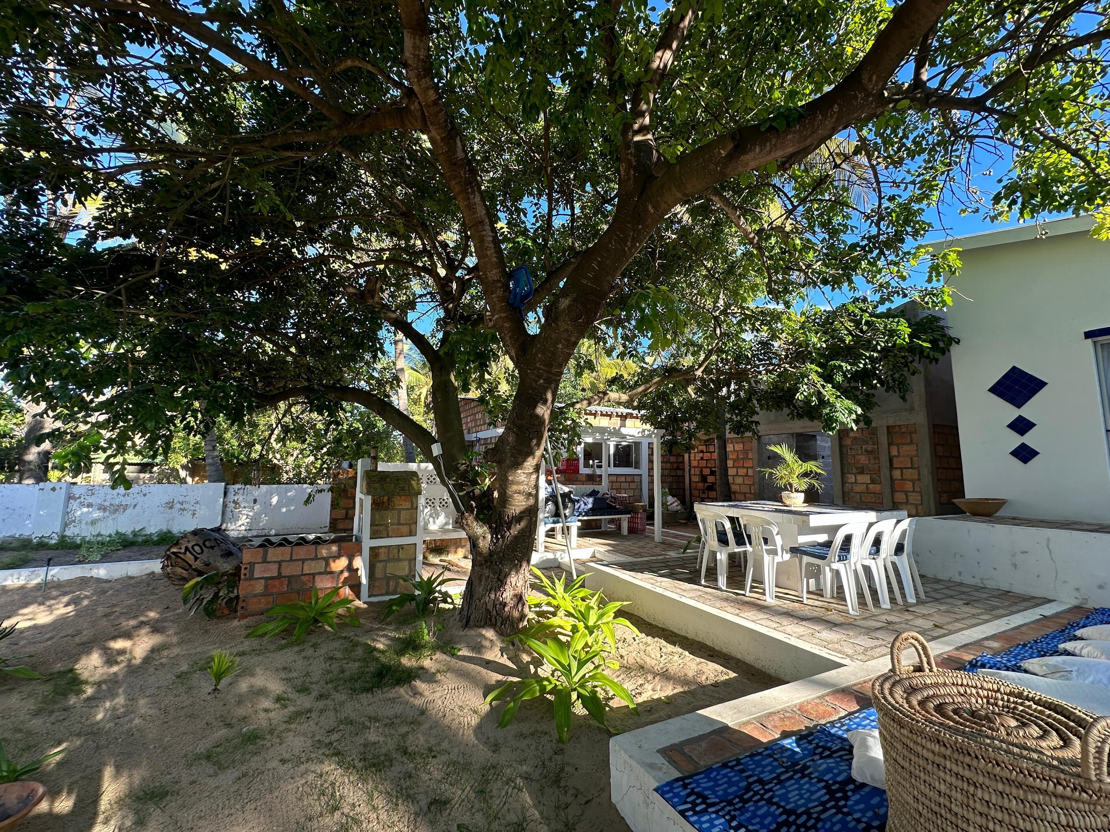 Un patio con mesa y sillas, rodeado por un muro blanco con diseños de diamantes azules, y un árbol que da sombra.