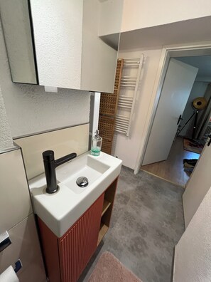 Douche, sèche-cheveux, serviettes fournies, savon