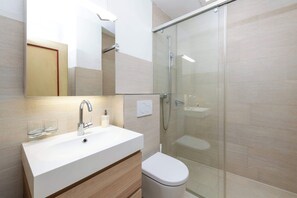 Shower, hair dryer, towels