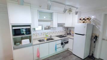 Fridge, microwave, oven, electric kettle