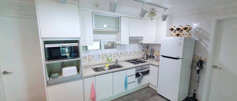 Fridge, microwave, oven, electric kettle