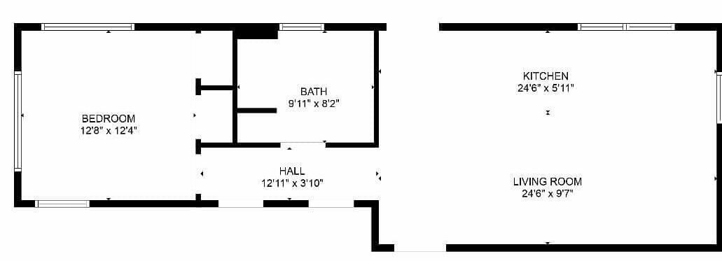 Een plattegrond met een slaapkamer (3,86m x 3,73m), een badkamer (2,77m x 2,44m), een hal (3,94m x 0,91m), een keuken (7,32m x 3,35m) en een woonkamer (7,32m x 2,87m).