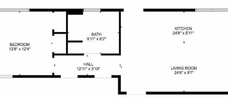 Een plattegrond met een slaapkamer (3,86m x 3,73m), een badkamer (2,77m x 2,44m), een hal (3,94m x 0,91m), een keuken (7,32m x 3,35m) en een woonkamer (7,32m x 2,87m).