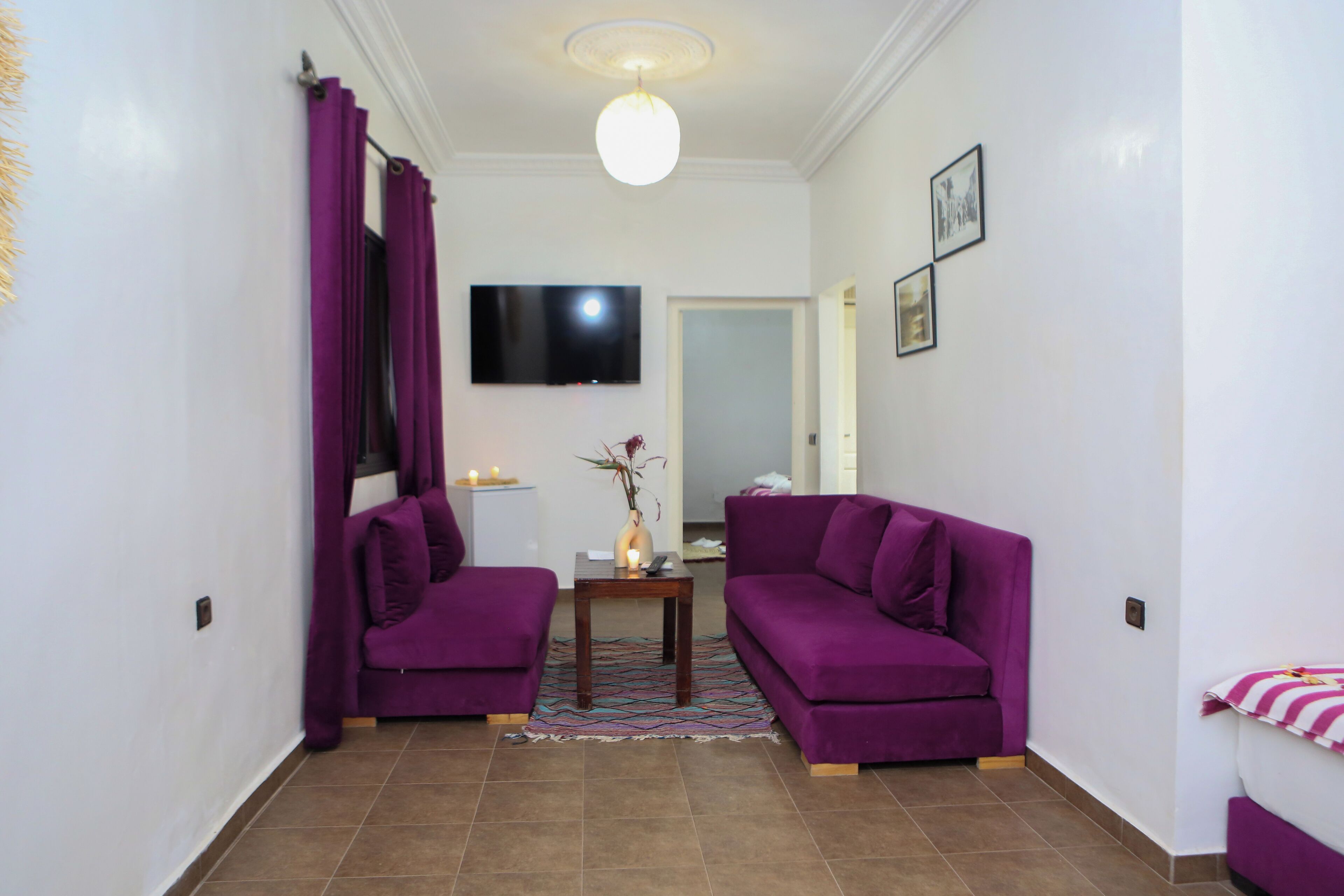 A living room with two purple sofas, a small wooden table with a vase, a flat-screen TV, and a patterned rug.