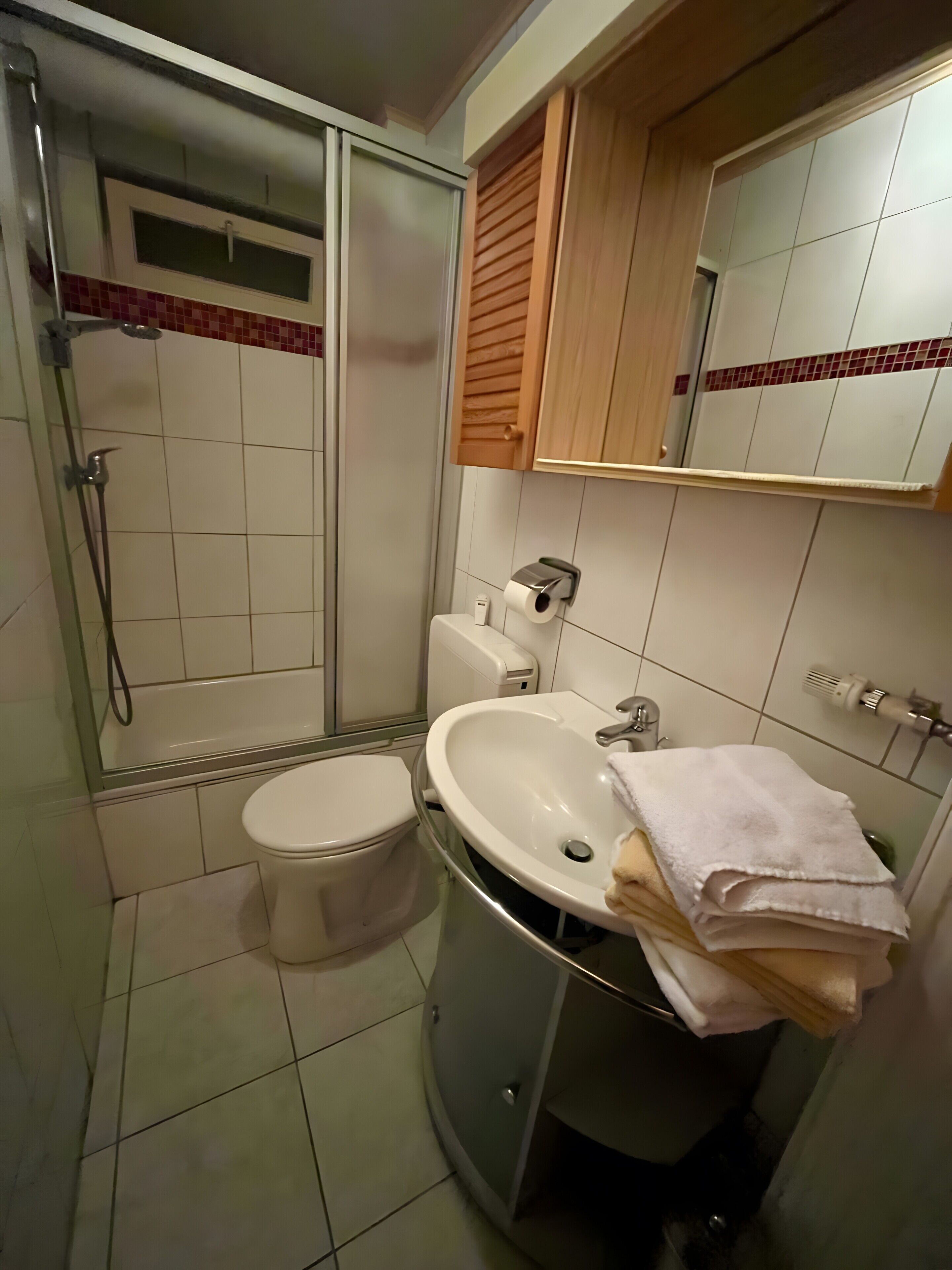 Une salle de bain avec des toilettes, un lavabo et une douche.
