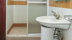 Un baño con ducha de mampara de vidrio, un lavamanos con espejo y paredes de azulejos.