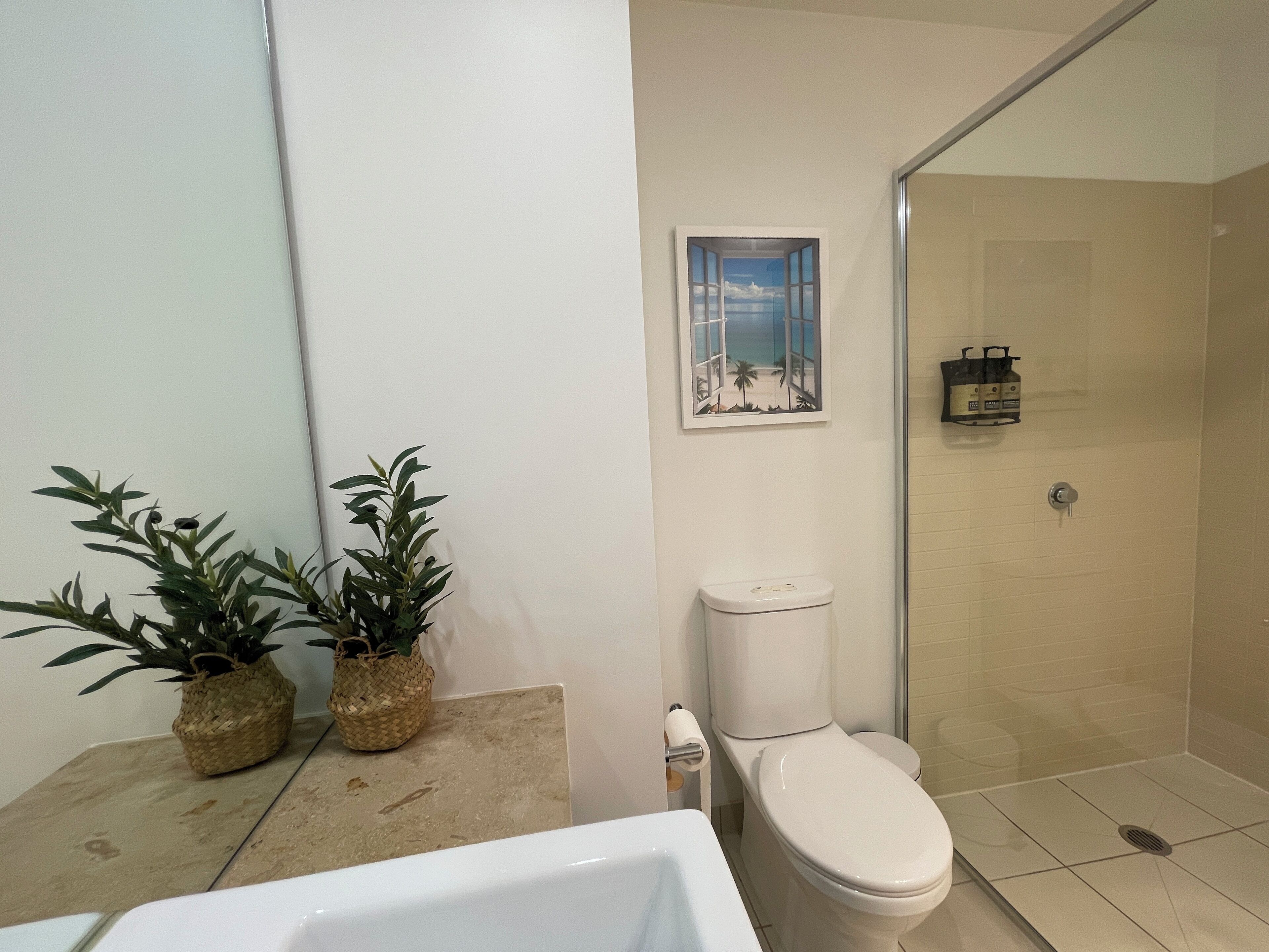 A bathroom with a toilet, a shower, and two potted plants.