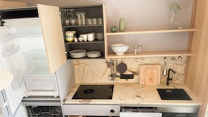 A compact kitchen with built-in appliances, a marble backsplash, and open shelving with dishes and a cactus. - Apartment Schwarzhorn (Barbian)