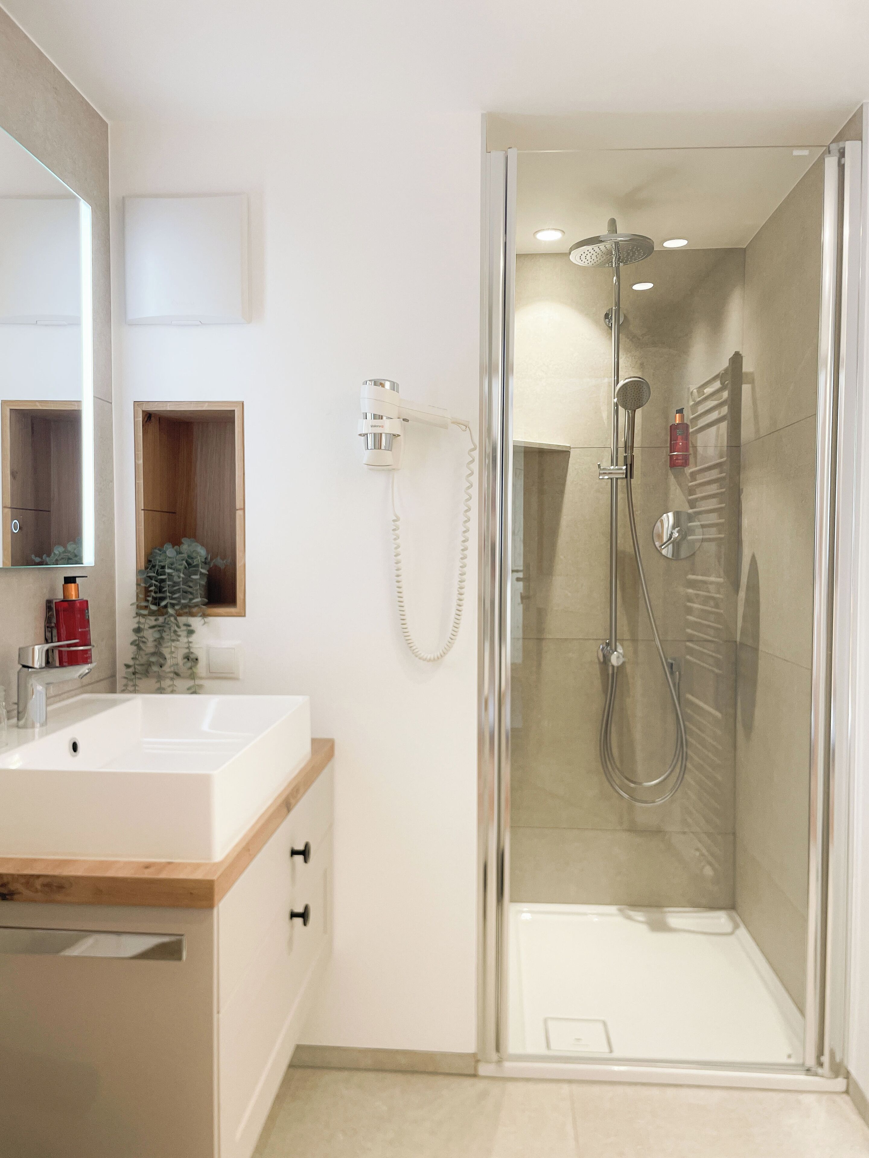 Hair dryer, towels, soap, shampoo