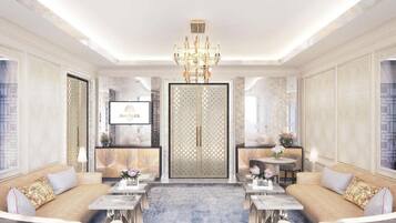 Raffles, Presidential Suite, 1 Bedroom, Balcony, Sea View | Ruang tamu | 65 inci sebuah televisyen pintar dengan kabel