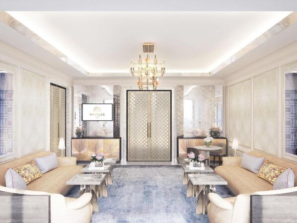 Raffles, Suite presidencial, 1 habitación, balcón, vista al mar | Área de sala de estar | Smart TV de 65 pulgadas con canales por cable 