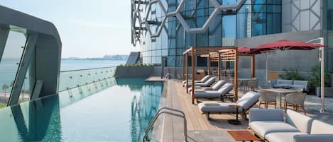 Outdoor pool, pool umbrellas, pool loungers