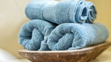 Hair dryer, towels, soap, toilet paper