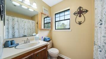 Hair dryer, towels, soap, toilet paper