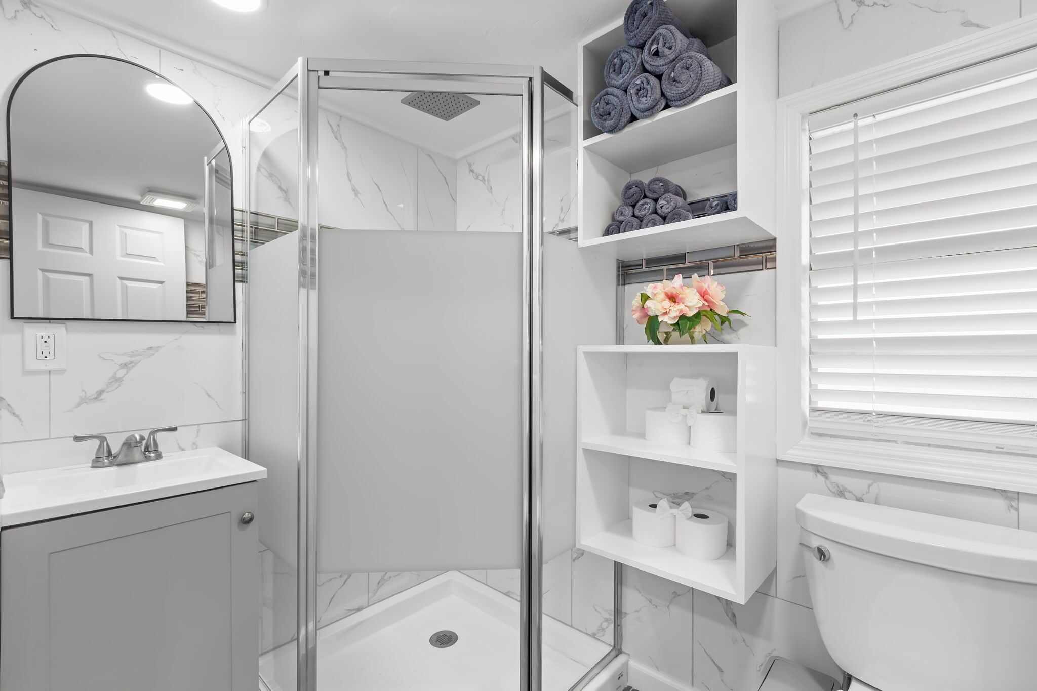 Hair dryer, towels, soap, shampoo