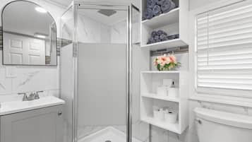Hair dryer, towels, soap, shampoo