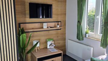 Télévision, cheminée, table de tennis de table