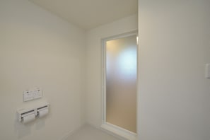Separate tub and shower, hair dryer, towels, shampoo