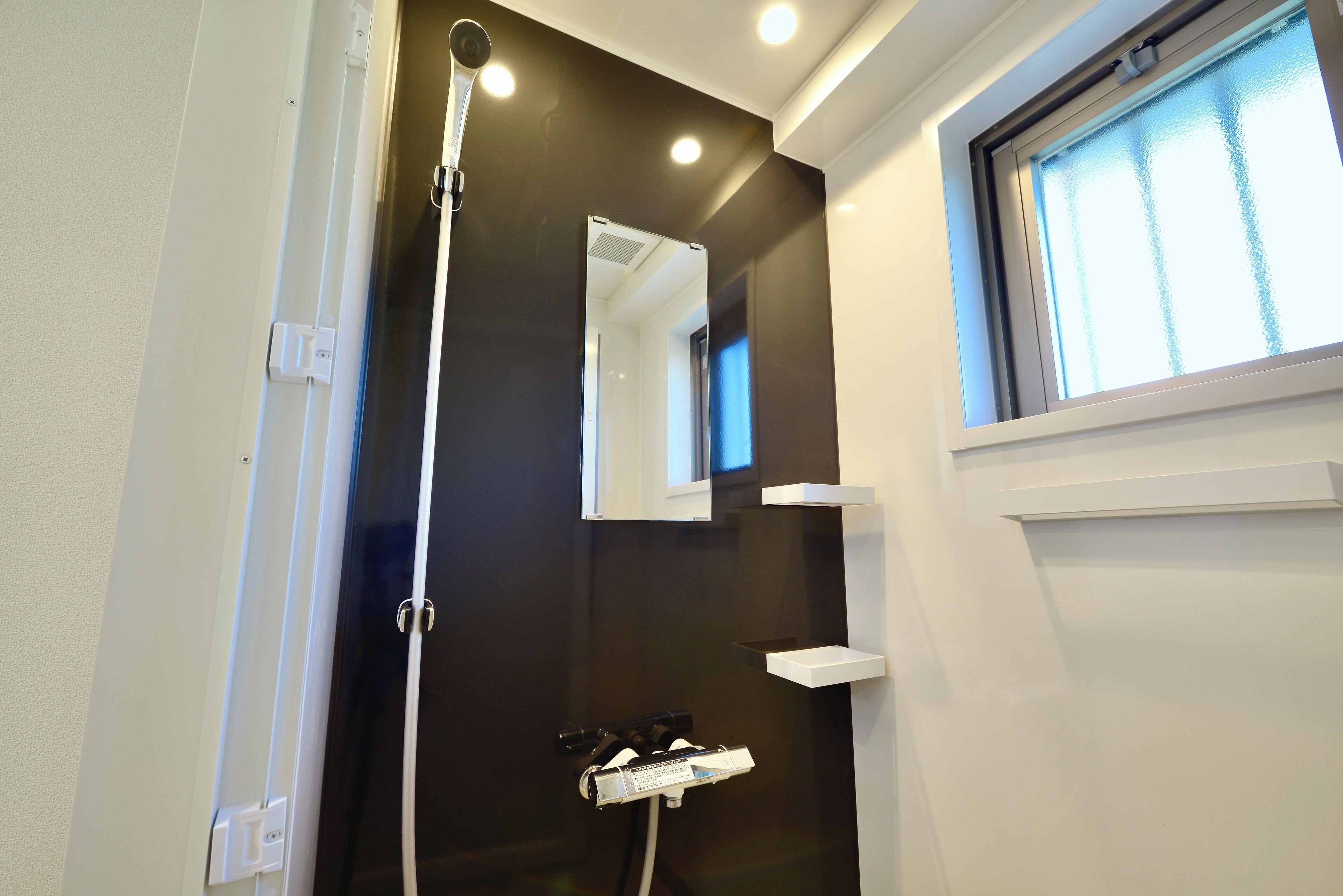 Separate tub and shower, hair dryer, towels, shampoo