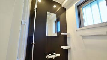 Separate tub and shower, hair dryer, towels, shampoo