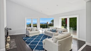 Smart TV, fireplace, foosball