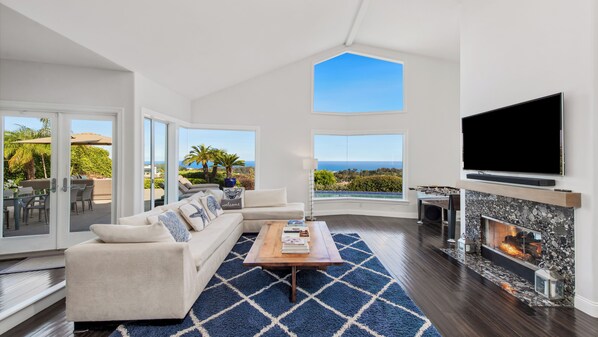 Smart TV, fireplace, foosball