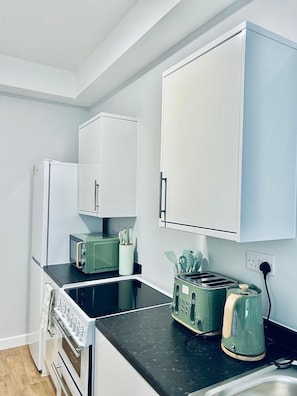Fridge, microwave, oven, stovetop