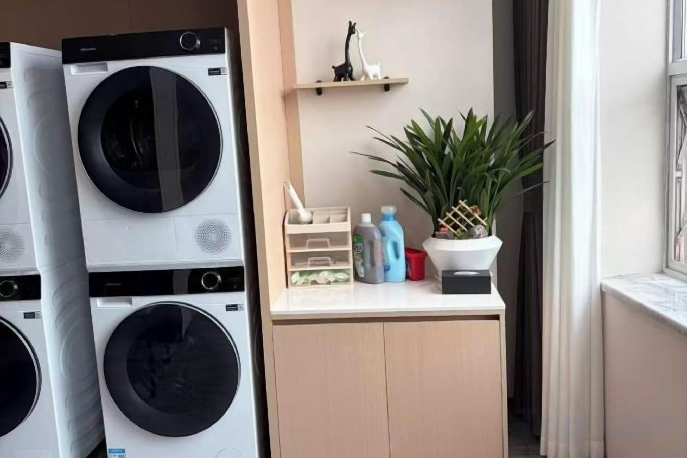 A laundry area with stacked washing machines, a small shelf with decorative items, and a potted plant.