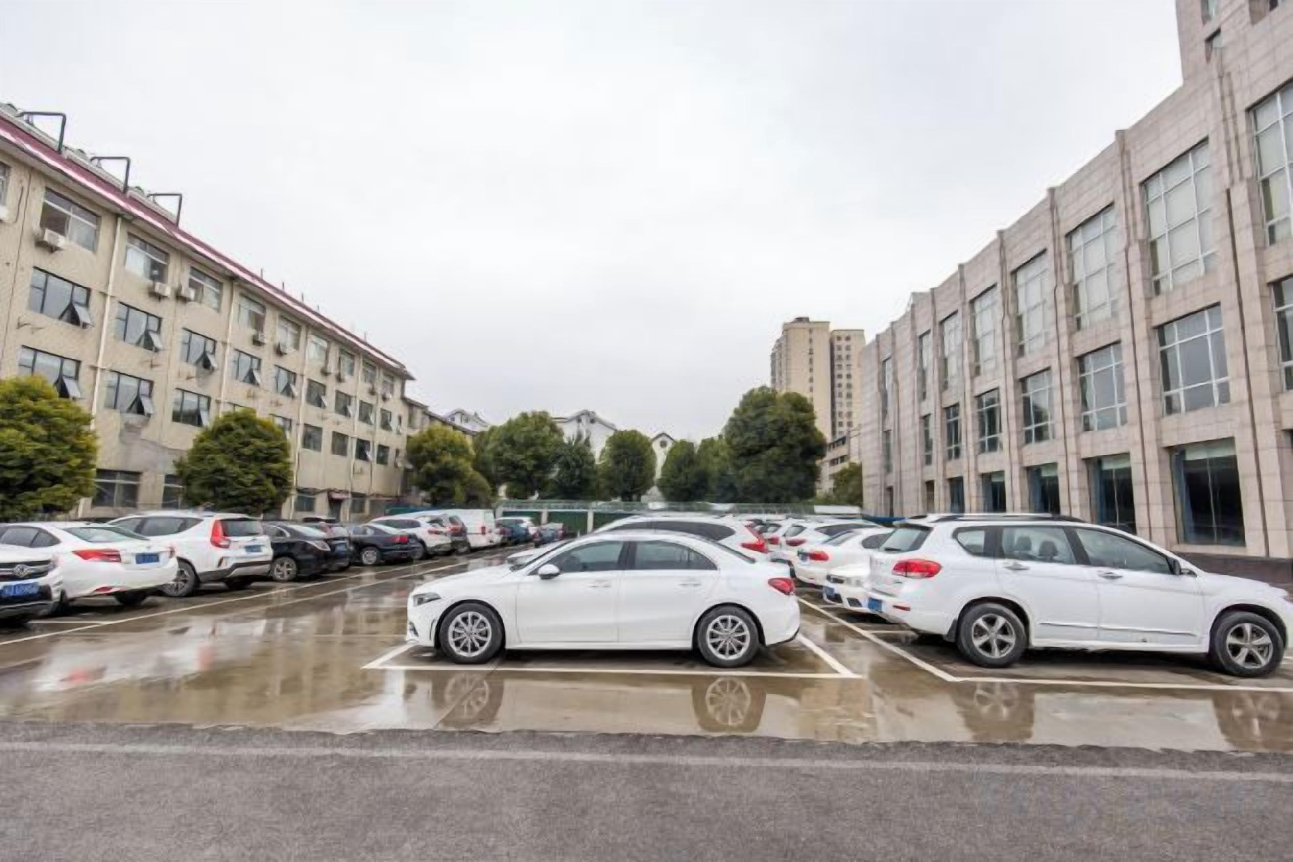 Un estacionamiento con varios autos, edificios con ventanas y una superficie húmeda que refleja los vehículos.