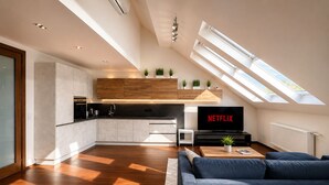 A modern loft-style living space with a kitchen, a TV displaying 'NETFLIX,' and a large skylight. - Loft Jecna 43 Prague (Prague)