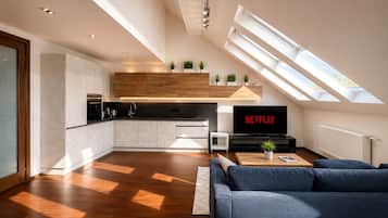 Apartamento superluxo, varanda coberta, vista para a cidade | Cozinha privada | Máquina de café expresso, cafeteira/chaleira, chaleira elétrica