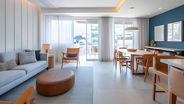 A modern hotel room with a sofa, dining table, chairs, and a large window offering a city view. - Leblon | 3 dorms | 6 minutes from the beach (Rio de Janeiro)