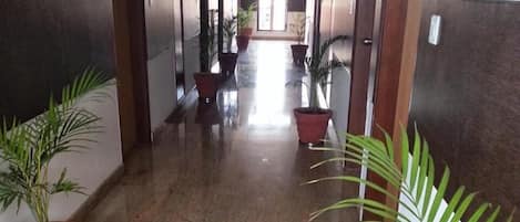 A hallway with potted plants, a marble floor, and doors leading to rooms.