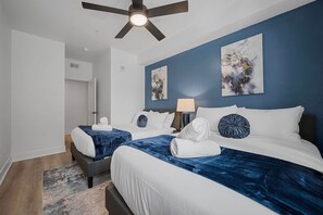 3 bedrooms, desk, iron/ironing board, travel crib