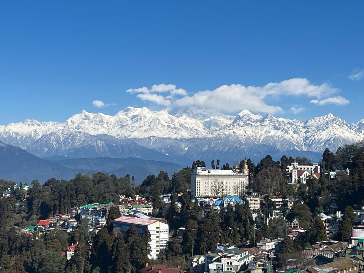 A town with a prominent building in the center, surrounded by snow-capped mountains in the background.