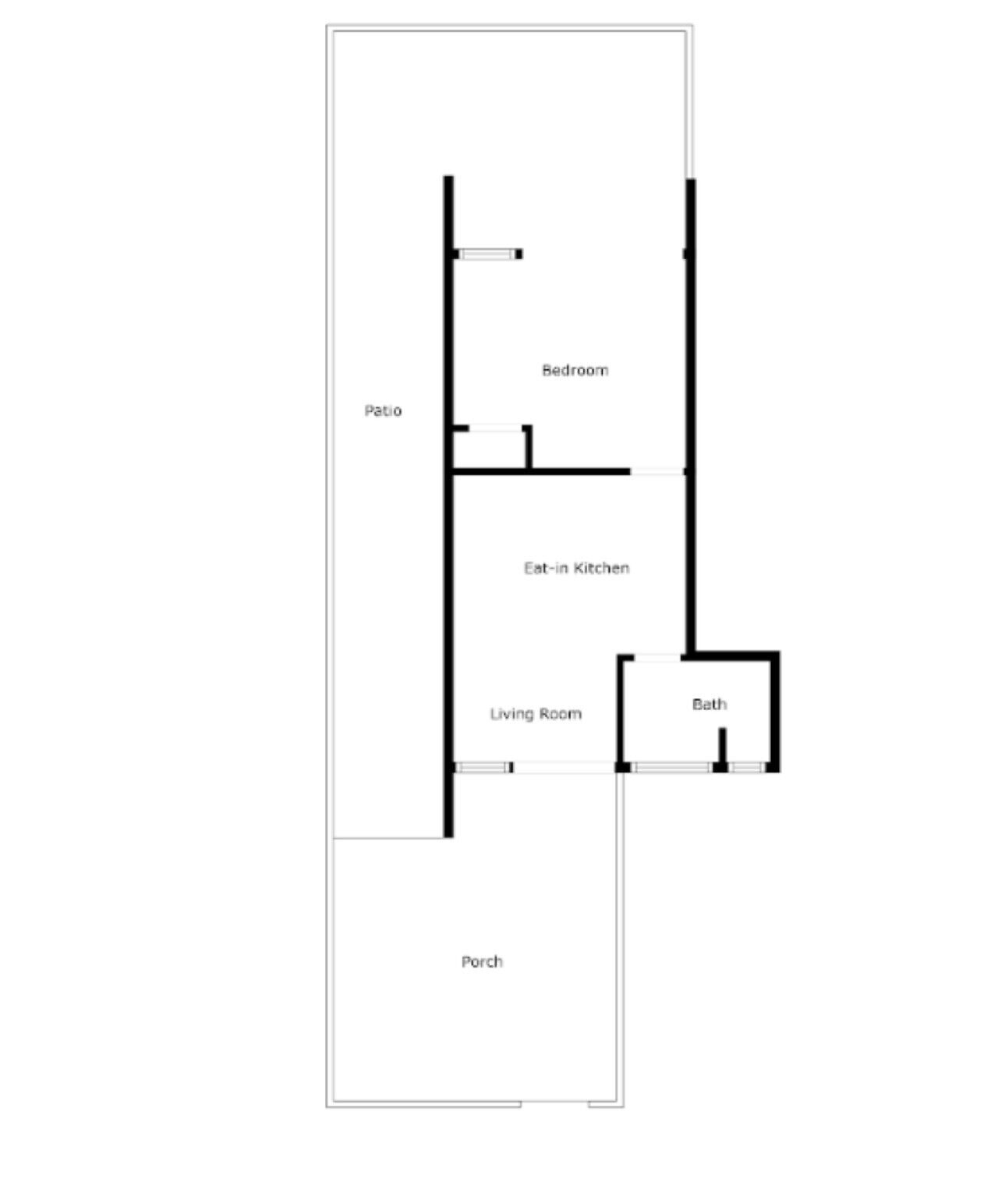 A floor plan with a patio, bedroom, eat-in kitchen, living room, bath, and porch.