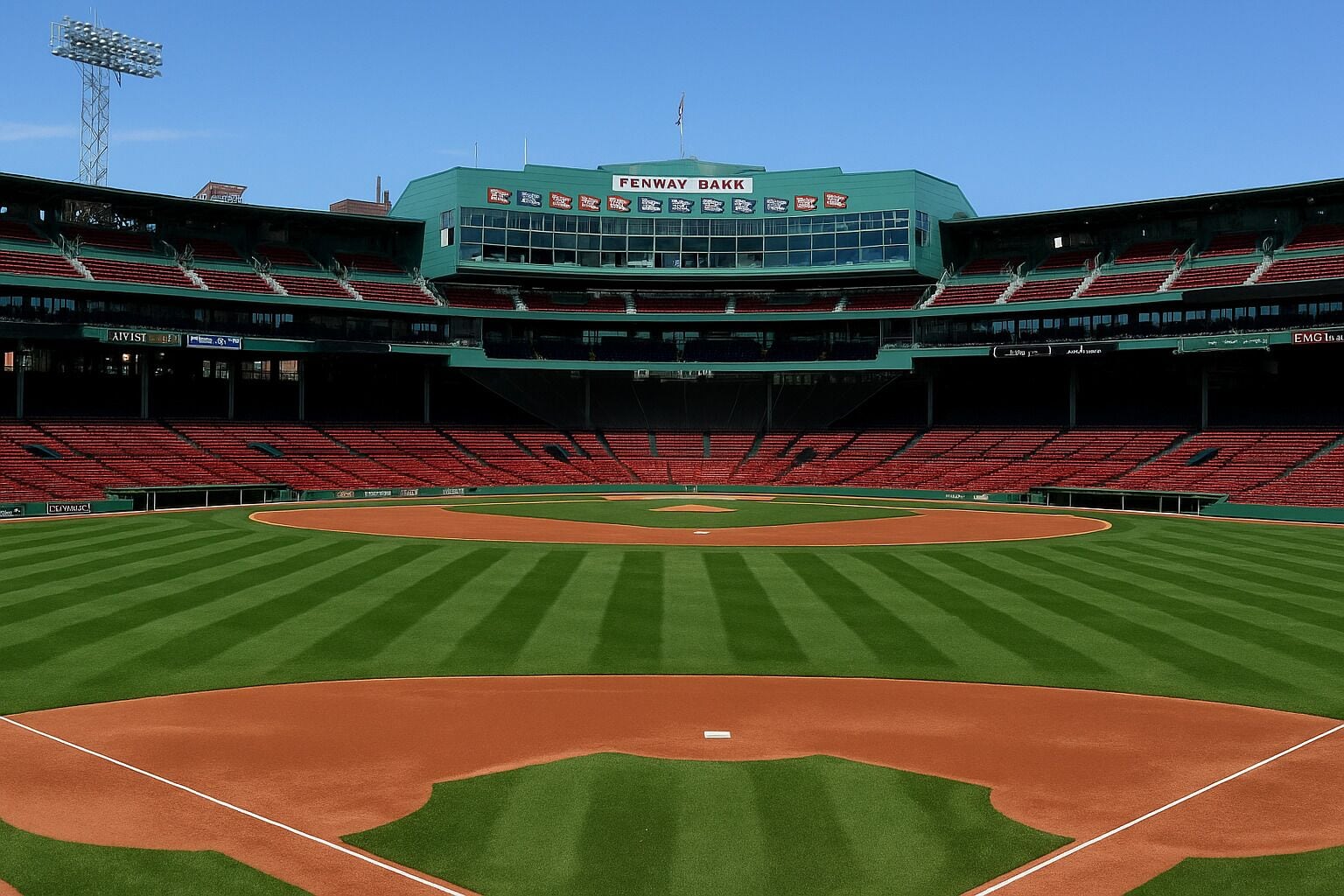 A baseball stadium with multiple levels of seating and a clear view of the field.