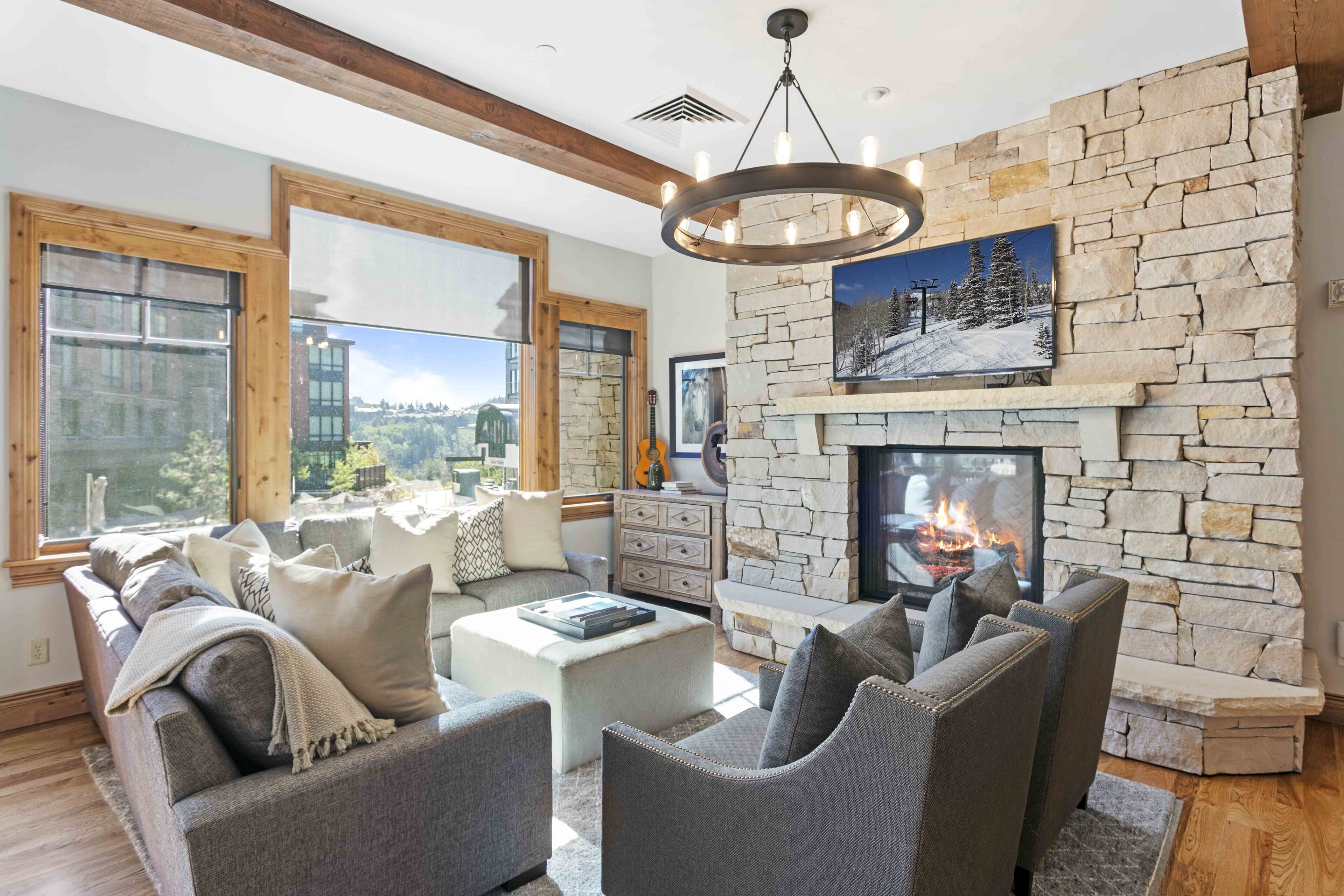 Télévision, cheminée, livres