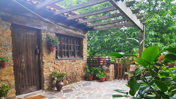 A stone-walled building with a wooden door and windows, a stone-paved courtyard, and potted plants.