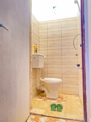 Shower, towels, soap, toilet paper