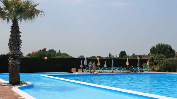 A swimming pool with lounge chairs and umbrellas, surrounded by greenery and a clear sky.