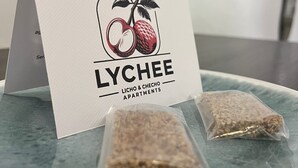 A business card for LYCHEE LICHHO & CHECHO APARTMENTS with a fruit illustration, placed on a table with two sealed packages. - Smart Lychee Studio Apartment #1 (Montería)
