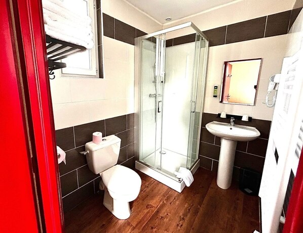 A bathroom with a toilet, a glass-enclosed shower, and a pedestal sink. - RELAIS LES 200 BORNES (Pouilly-sur-Loire)